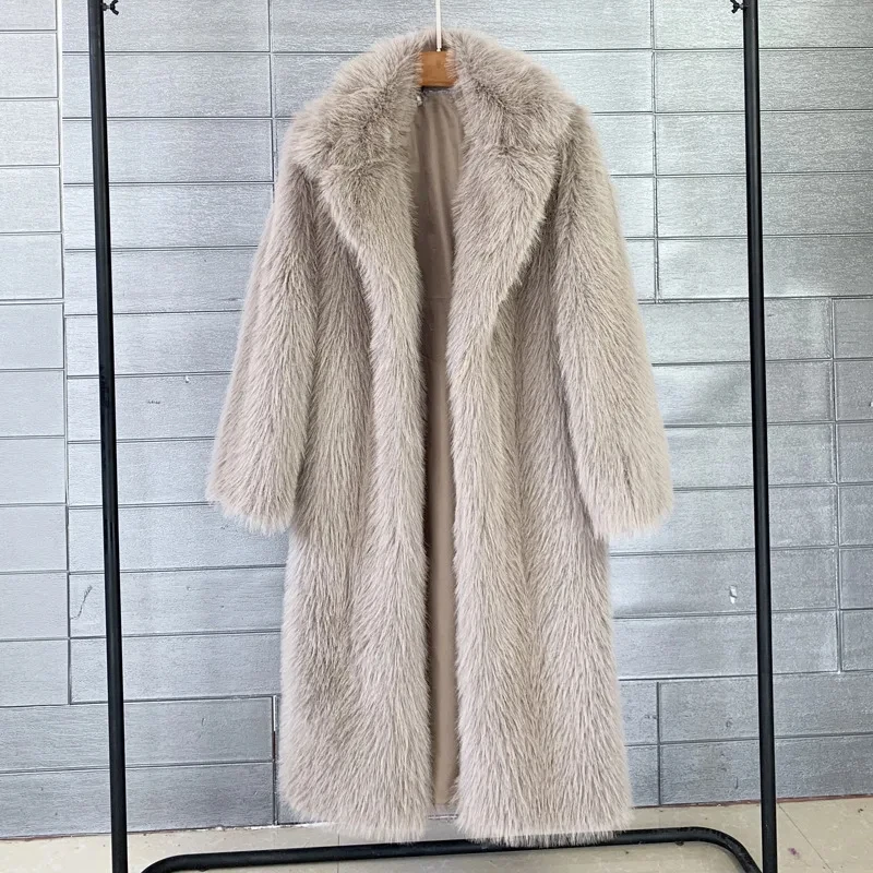 Cappotto lungo bianco in pelliccia sintetica Donna Autunno Inverno Giacca grande Cappotto Tasche con colletto rovesciato Cappotto spesso Giacche calde Cappotti maxi