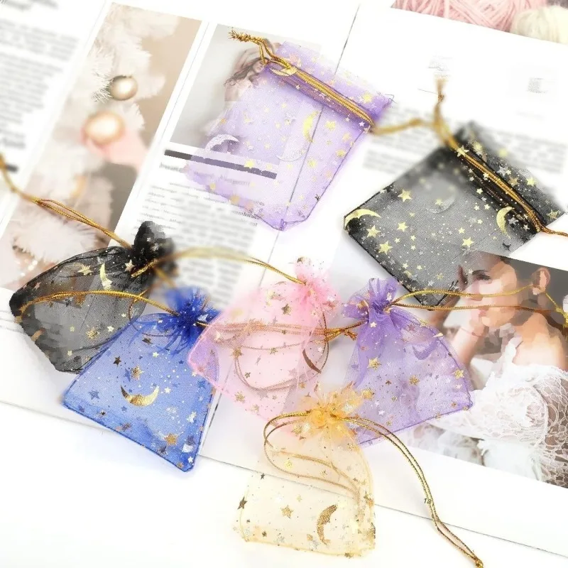 50-100 قطعة القمر نجوم الرباط أكياس الأورجانزا مجوهرات حقائب للهدايا الحقائب الذهب ستار الأورجانزا لصالح الحقائب لعيد الميلاد الزفاف