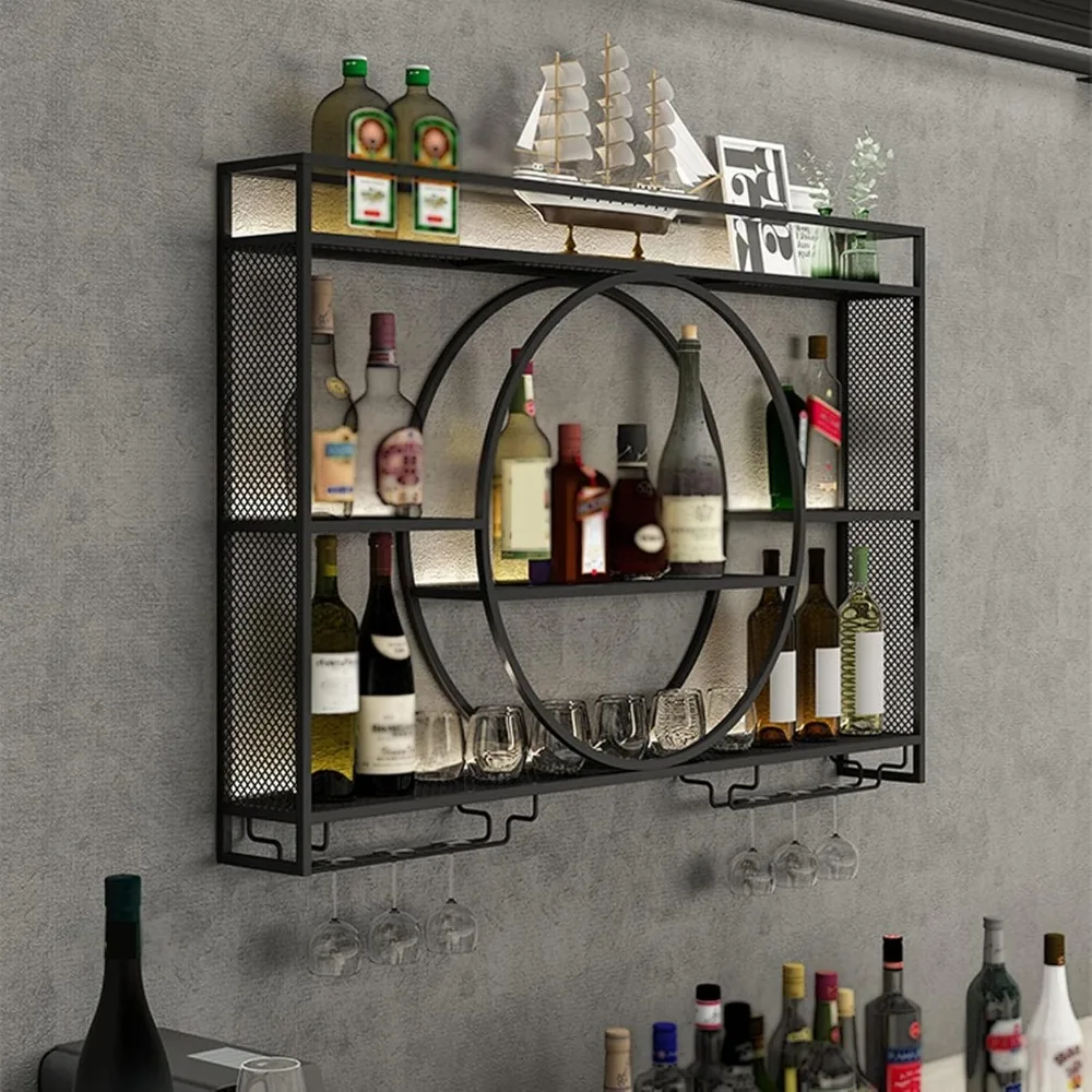 Armoire à vin murale en métal T1 avec porte-verre, cave à vin ronde à 3 couches T1, armoire à bar de grande capacité, 39.3 po