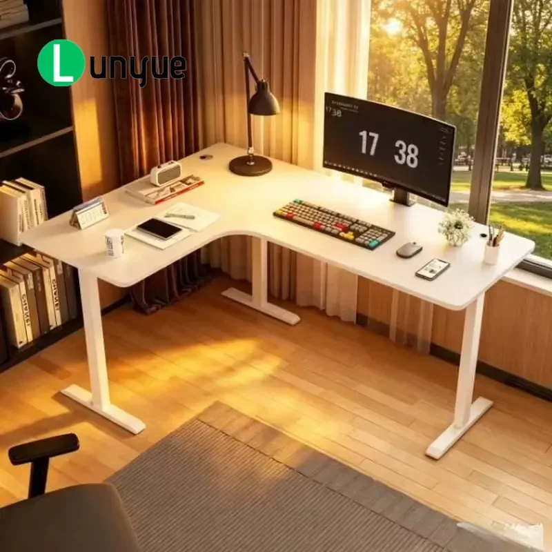 Luxury Modern L-Shaped Height Adjustable Desk Solid Wood Desktop Electric Standing Computer Table for Home Office Bedroom