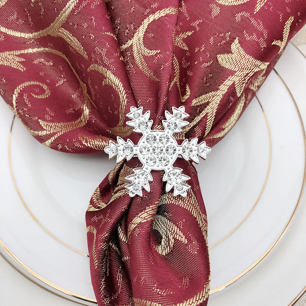 

6Pcs Elegant Silver Snowflake Napkin Rings Rhinestone Decorative Napkin Buckles Christmas Table Dinner Party Holder