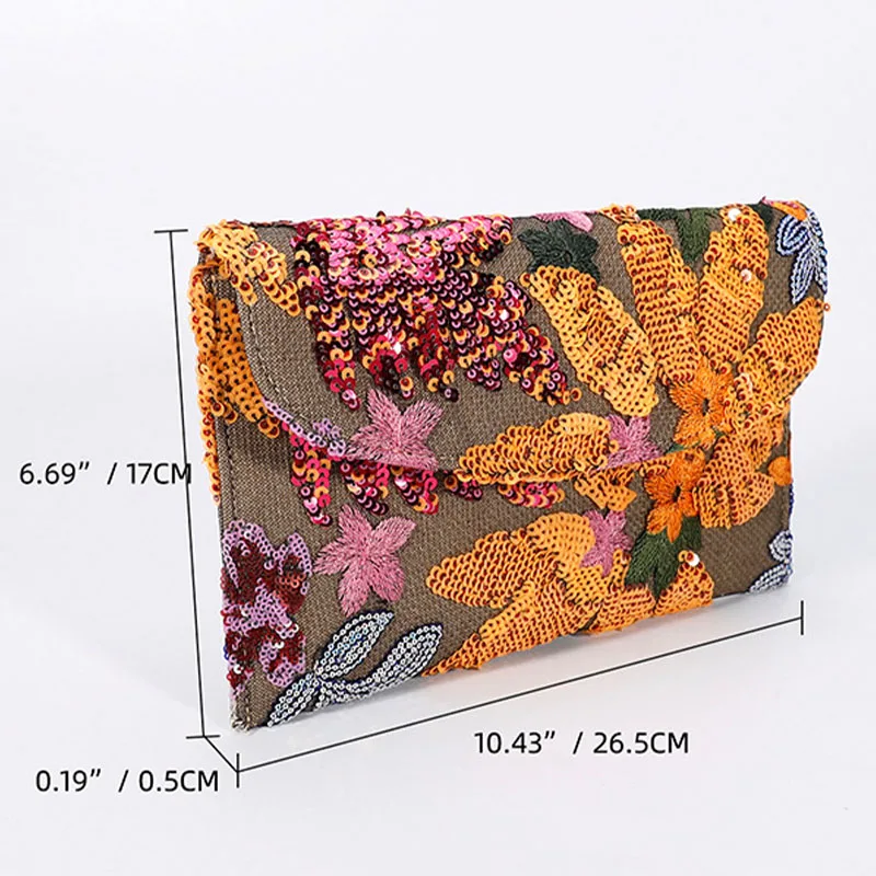 Bling Sequins Embroidery Clutch Bag Women Cotton Linen Envelope Evening Party Handbag Floral Pattern Ladies Wedding Prom Purse