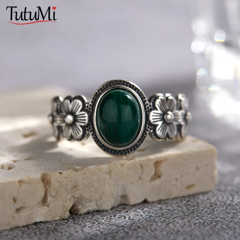 Natural Gemstone Malachite Ring 925 Sterling Silver Vintage Women's Ring Exquisite Jewelry Accessories Birthday Gift