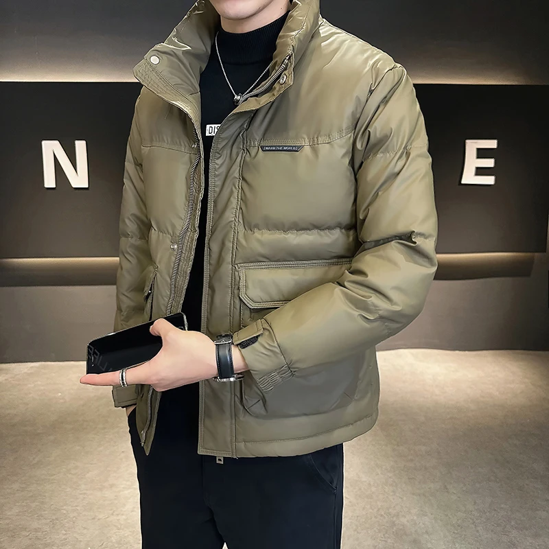 

Men's Leather down Jaet Winter Warm Lightweight Stand Collar Thiened Cotton Padded Coat Faionable Cold Proof Outerwear