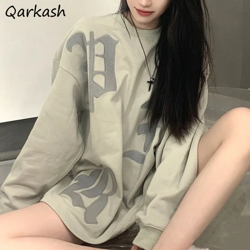 Korean Style Sweatshirts for Women Loose Long Sleeve Students Clothing Spring All-match O-neck Patch Design New Chic Cool Girls