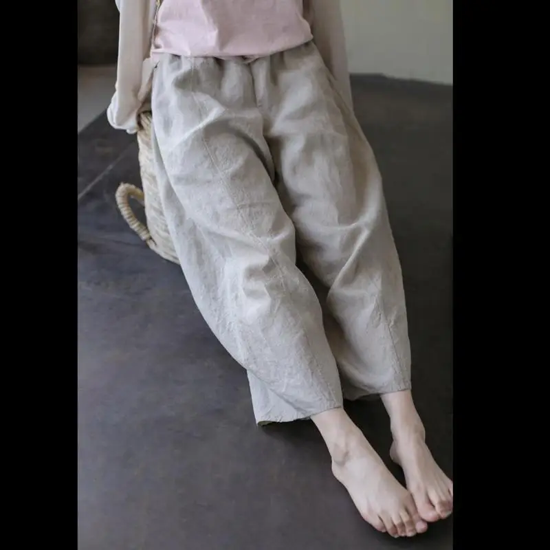 

New 2025 Spring Summer Arts Style Women Elastic Waist Loose Ankle-length Pants All-matched Casual Vintage Linen Harem Pants 2218