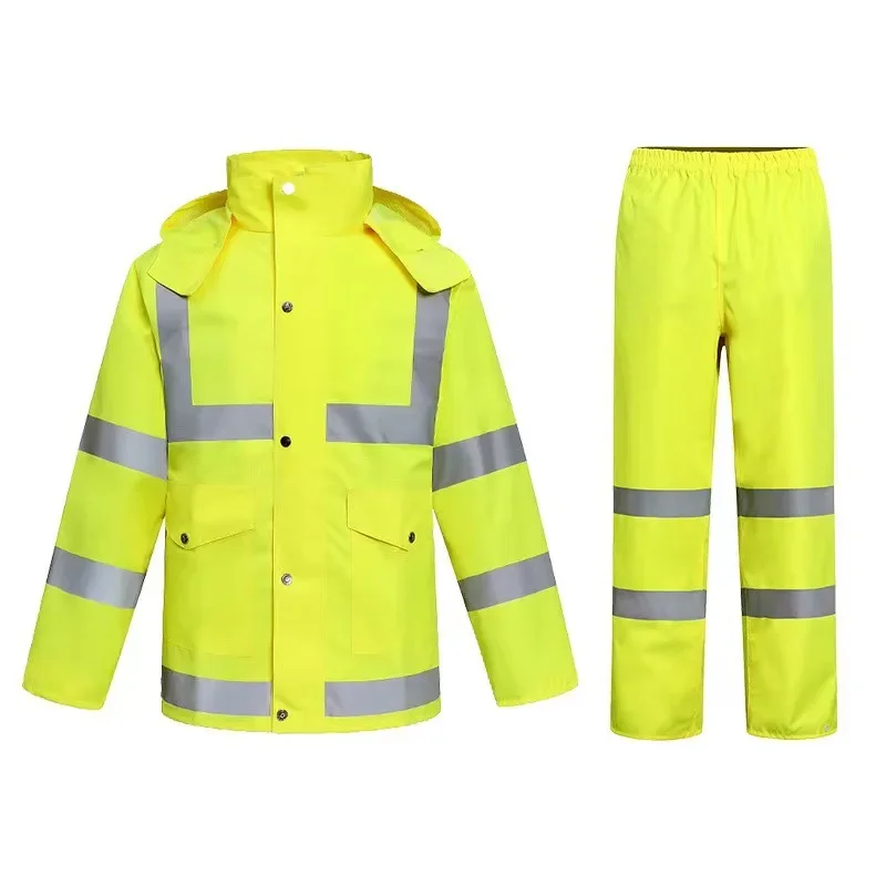 Fluorescent Yellow 300D Oxford Pu Coated Reflective Raincoat Traffic Protection Raincoat Rain Pants Set
