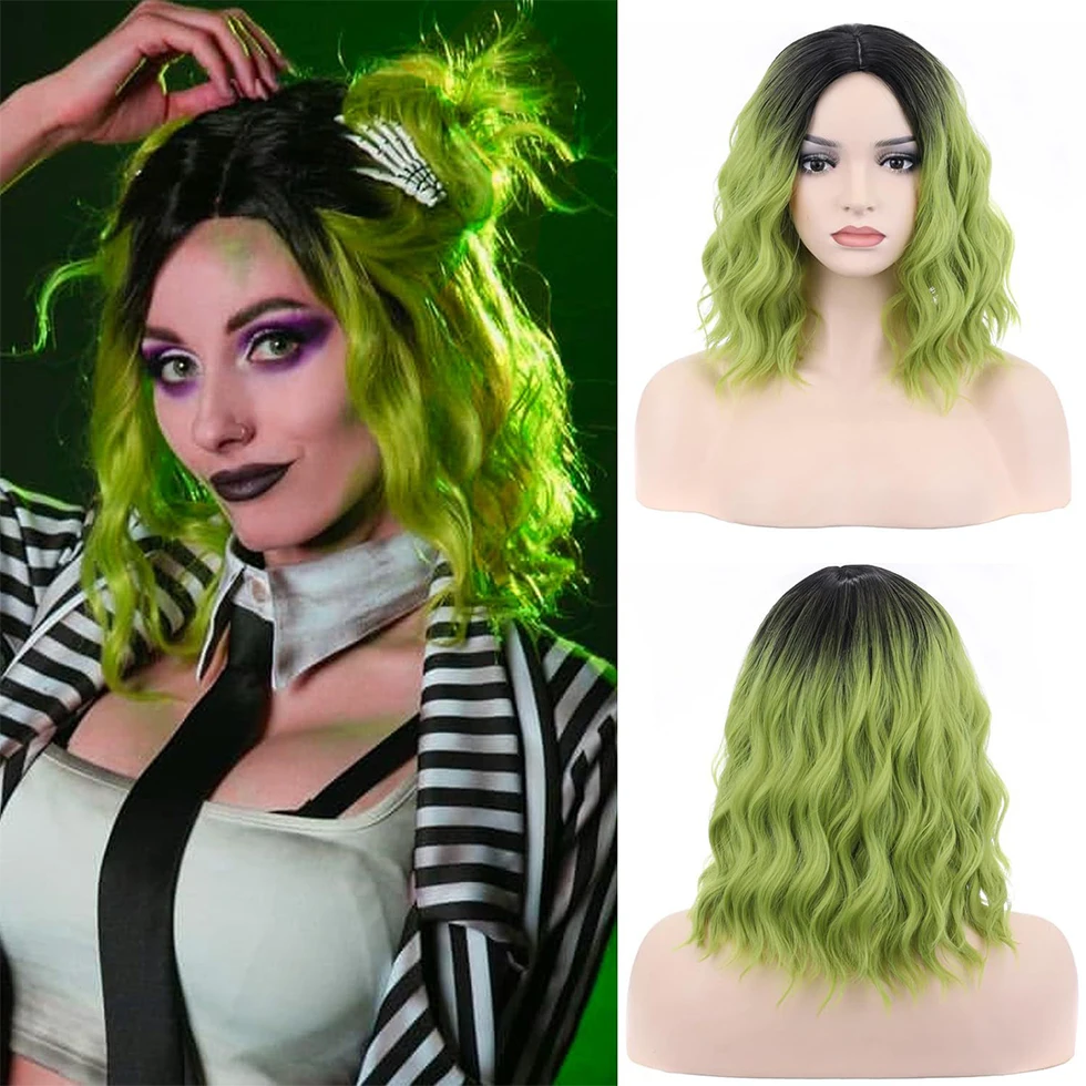 Synthetic Wig For Women Black Green Gradient Water Ripple Shoulder Length Curly Hair Explosive Top Dye Halloween Cosplay Wig