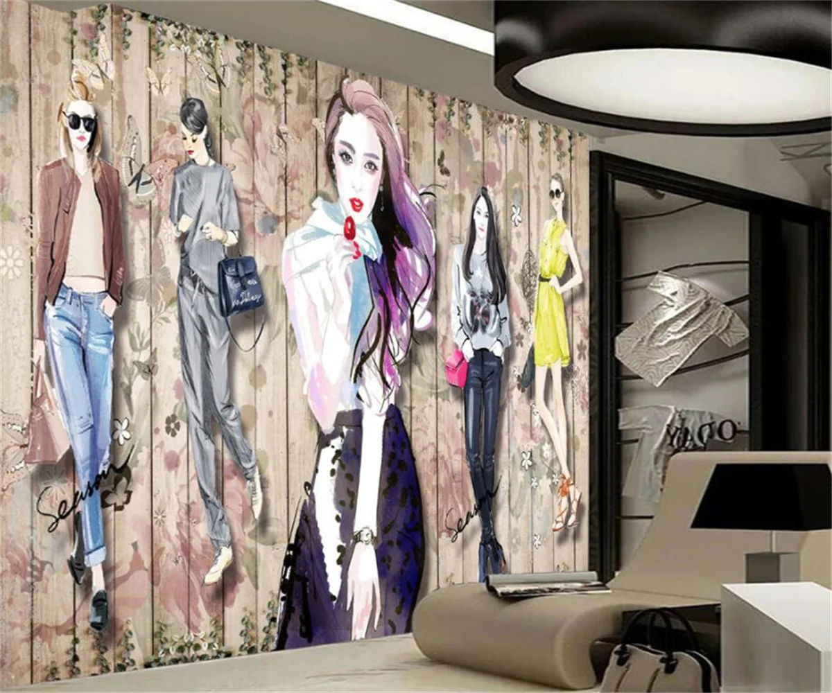 Custom Wallpaper Fashion girl hand drawing cartoon store clothing store background 3d wallpaper papier peint mural 3d