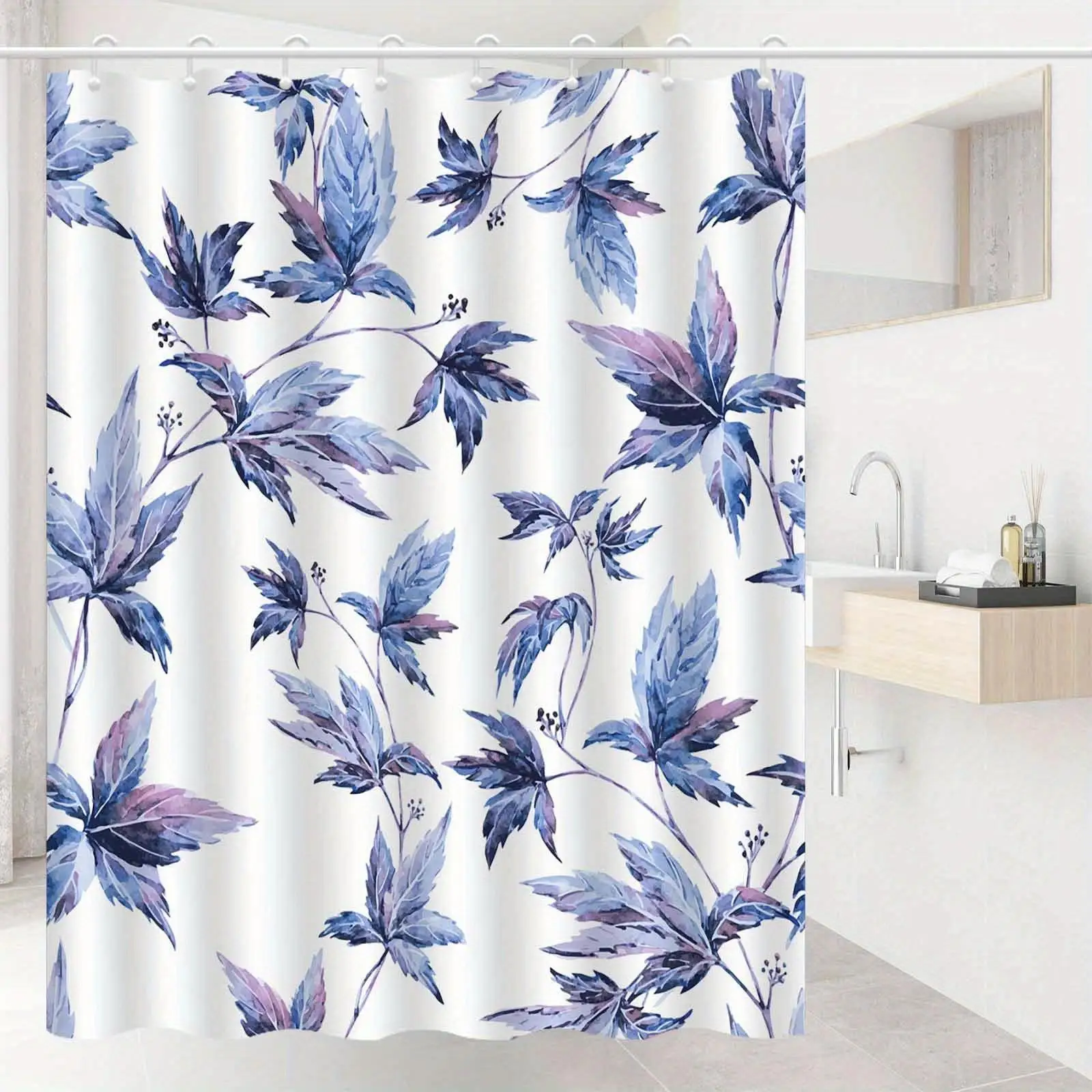 

Botanical Watercolor Leaf Print Shower Curtain Bathroom Decor Boho Nature Liner for Modern Spa Bath Room Supplies Blue Purple Tr