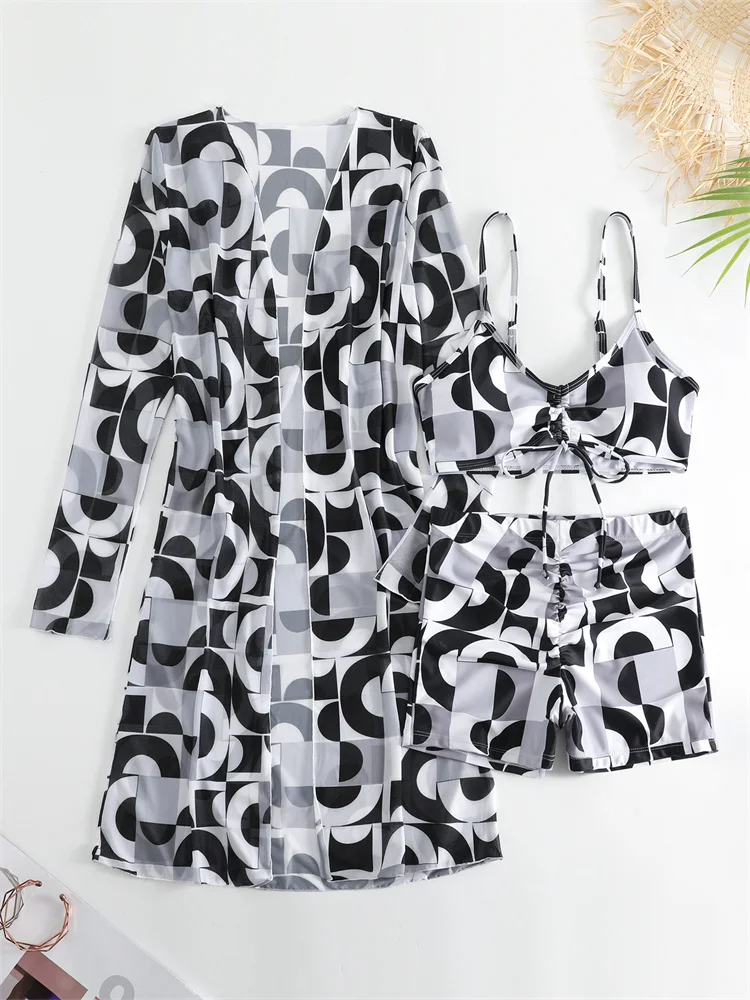 Women\'s Fashion Print High Waist Draw Rope Swimsuit  Long Sleeve Smock Split Three Piece Bikini Set Swimwear