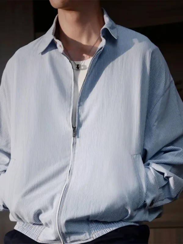 

Мужская модная универсальная куртка свободного кроя с отложным воротником, легкая, сине-белая в полоску, для ранней осени