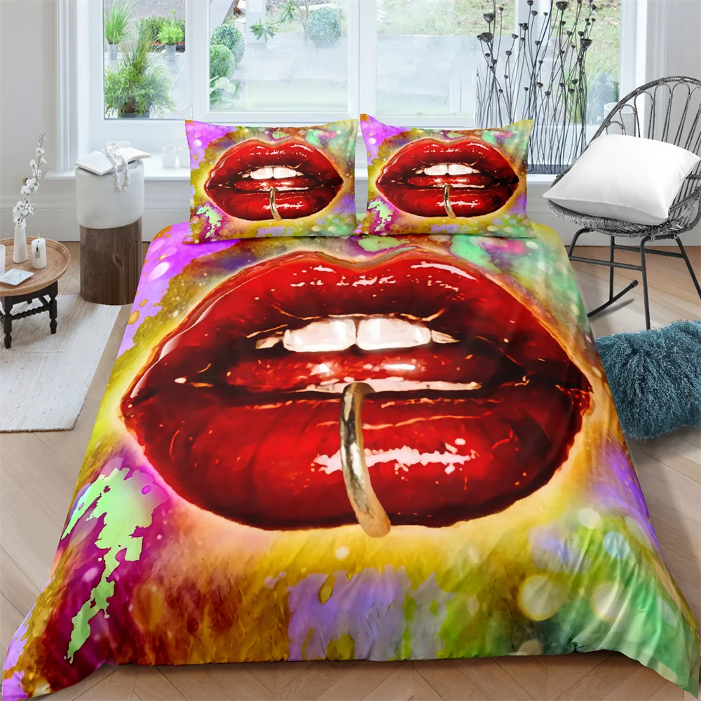 Kiss Sexy Lips King Queen Duvet Cover Red Mouth Bedding Set for Girl Modern Fashion Quilt Cover 2/3pcs Polyester Comforter Cover