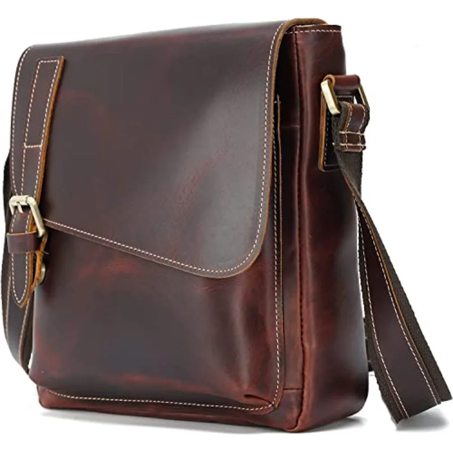 

Masa Kawa Leather Messenger Bag Small Crossbody Shoulder Bag Gift for Men Women Flap Over Man Purse Fits 10" Tablet