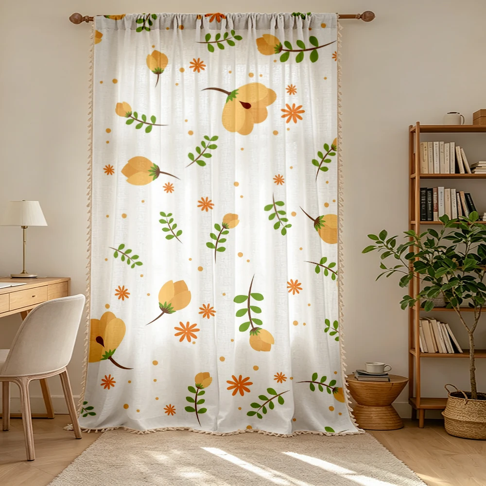 1PC Floral Tassel Sheer Curtains, Yellow Flower Branch, Digital Print, Linen Polyester, Bedroom Living Room, Home Decor