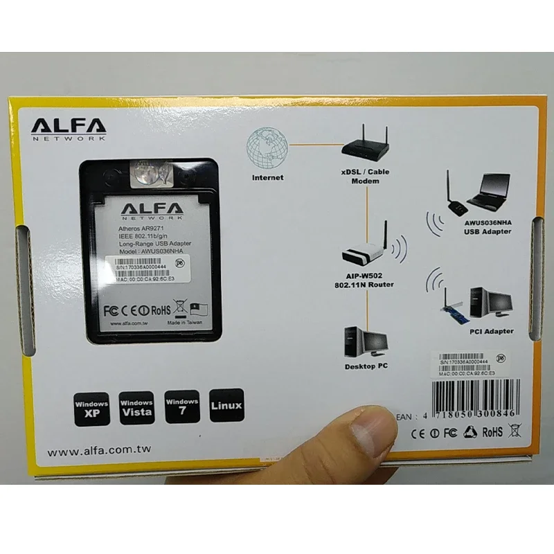 ALFA AWUS036NHA AR9271 Chipset Adaptador WiFi 802.11b/g/n Para BT5 (BackTrack 5), Kali Linux, Aircrack-NG, UBUNTU