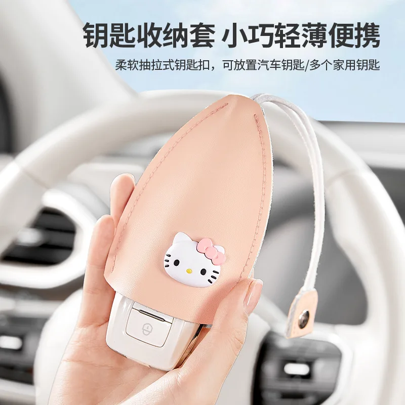 Hello Kitty Car Key Cover Keychain Pull-Up Pu Leather Protective Shell Key Case Cartoon Sanrio Car Decoration Accessories Gift