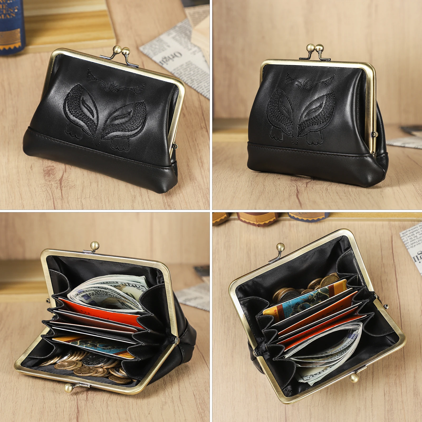 Genuine Leather Women Kiss Lock Wallets Metal Frame Short Wallet Coin Purse Card Holder Money Clip Female Mini Bag Handbag Girls