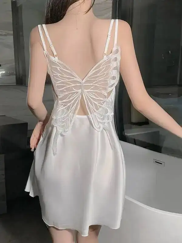 Nieuwe Casual Stijl Jurk V-hals Slim Fit Pure Desire Vlinder Backless Sexy Satijn Dames Homewear Jurk Elegant Charmant MU7E