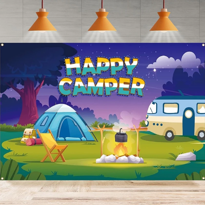 

Happy Camper Photography Backdrop Banner-Camping Themed Party Decoration Poster Baby Shower Party Background