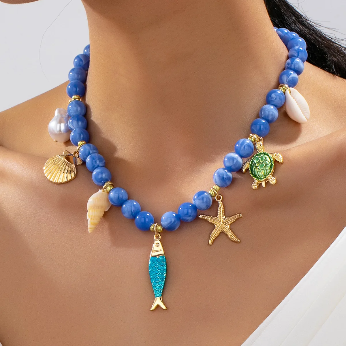 Bohemia Holiday Style Romantic Turquoise Multi-element Starfish Shell Conch Dripping Oil Fish Turtle Pendant Necklace for Women