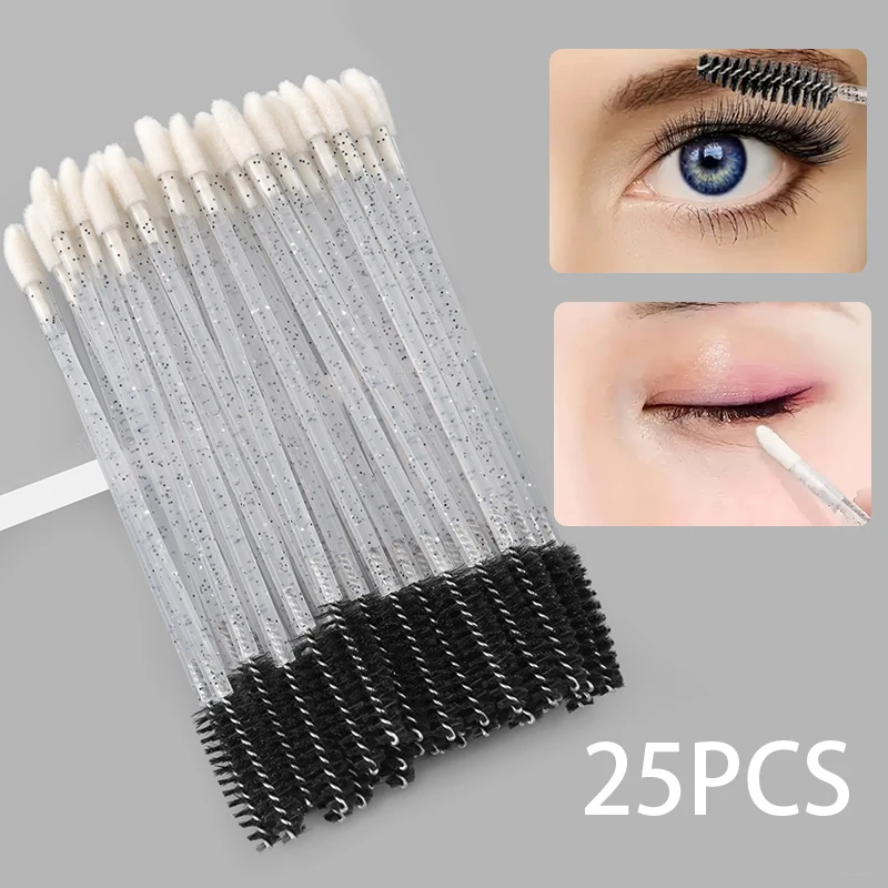 25 個両頭まつげブラシ綿棒リップブラシ使い捨てマスカラブラシまつげエクステンションツール 2 in 1 メイクブラシ