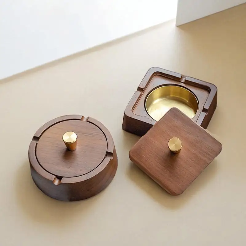 NEW Square/Circle Natural Wood Ashtray With Lid Fireproof Iron Core Compact Size Suitable For Tea Tables And Desks Ash Tray Home