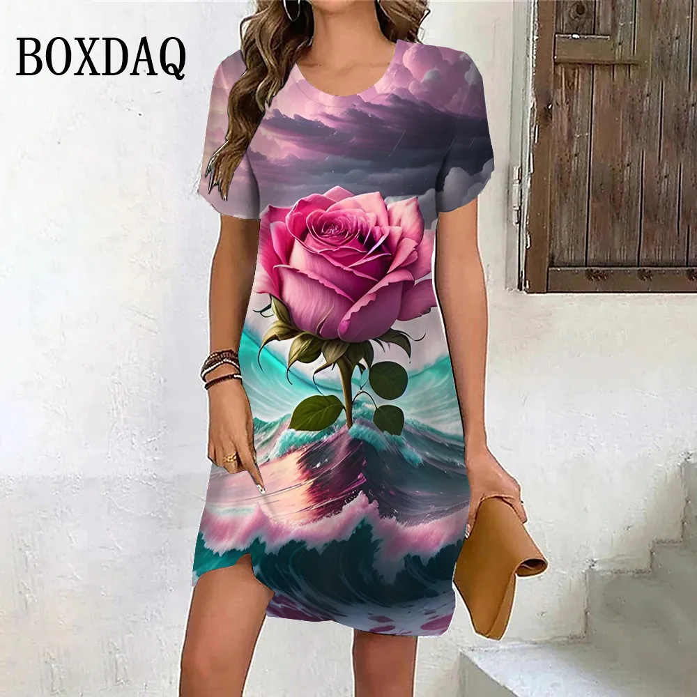 2024 Summer Beach Party Dress Women Tie Dye Rose Flower Print Dress Casual Short Sleeve O-Neck Pullover Oversized Female Clothes