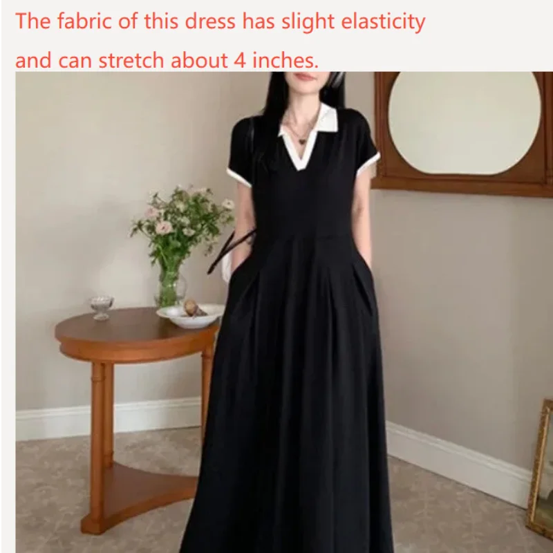 Casual Matching Dress Vintage Hepburn Dress Plus Size Office Lady's Elegant Black Dress Short Sleeve Loose Pleated Midi Dress