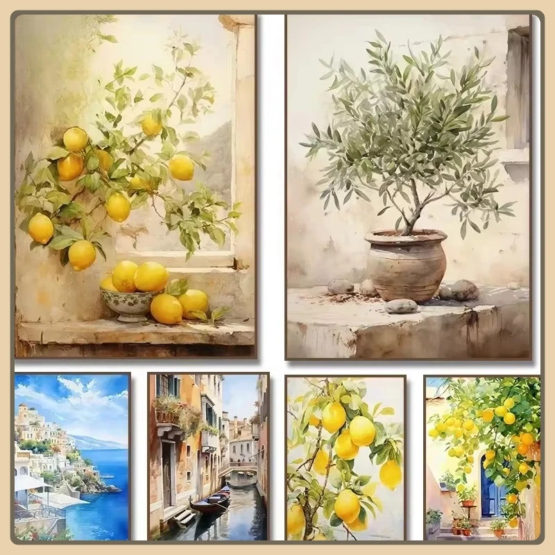 Pintura al óleo por número Retro limón olivo paisaje decoración del hogar pintura pared dormitorio decoración de la habitación regalo sin marco