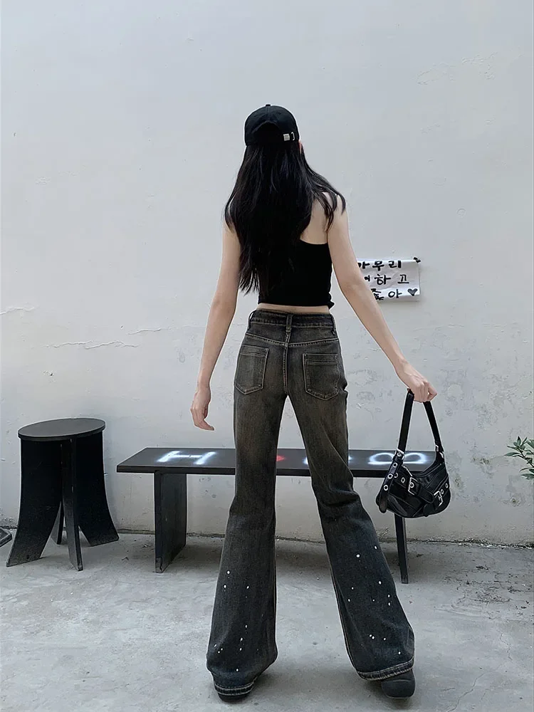 American style design splashed ink slim fit jeans women's summer 2025 new style vintage high waist slimming bell bottom pants