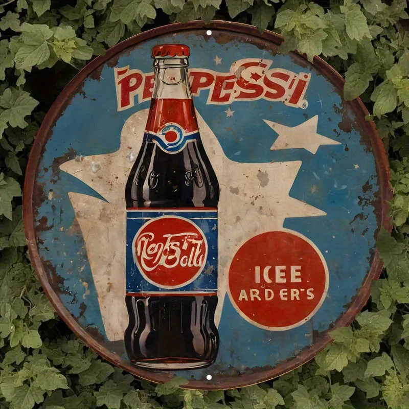 Vintage Pepsi Metal Sign - Retro Cartoon Style with Classic Bottle