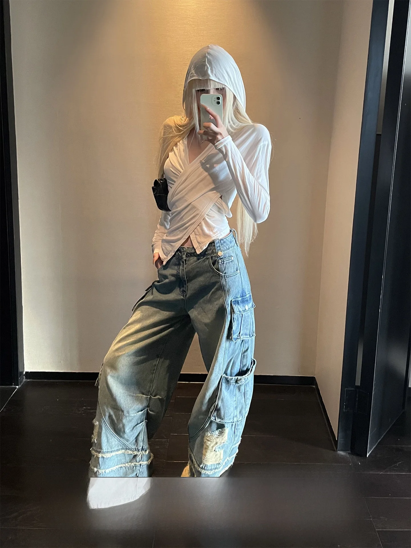 

Rase Le Sol 'Wander Struck' American Retro Workwear Jeans Loose Wide Leg Hole Punching Pants Low Waist Cotton Zipper Casual