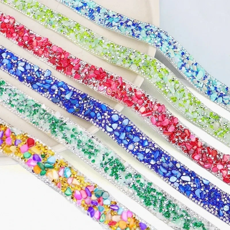 1 yard 2cm colorful crystal rhinestone trim self adhesive colorful stone diamond sewing drill tape DIY bridal dress phone decor