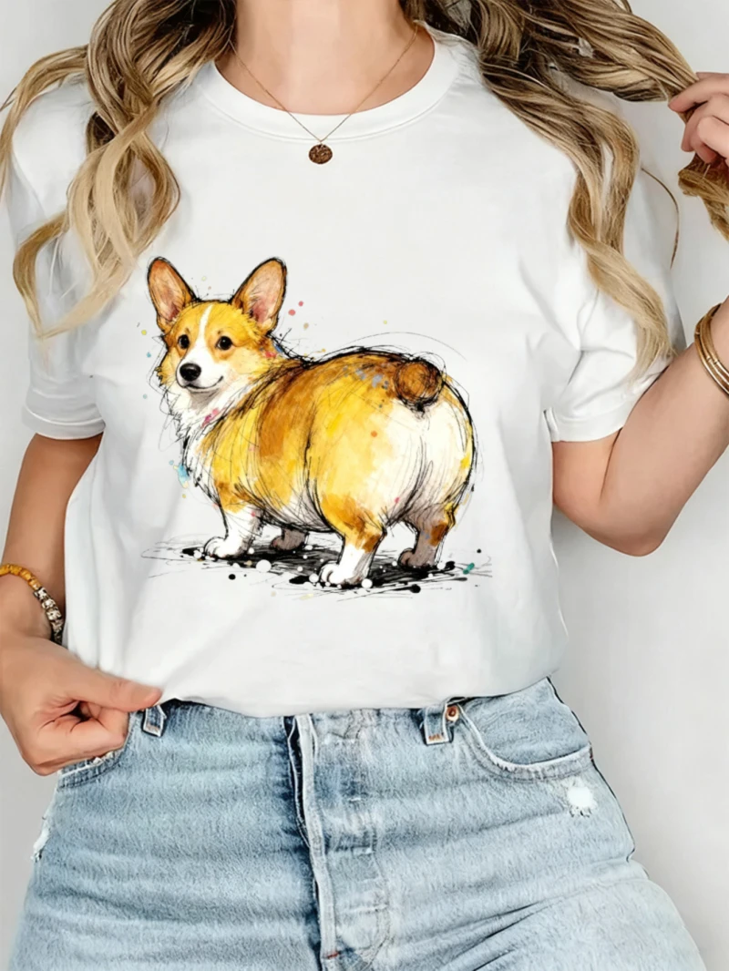 

Женская футболка из свободного хлопка с принтом собаки корги для пар, с коротким рукавом, оранжево-белая, милая, подходит для повседневной повседневной носки