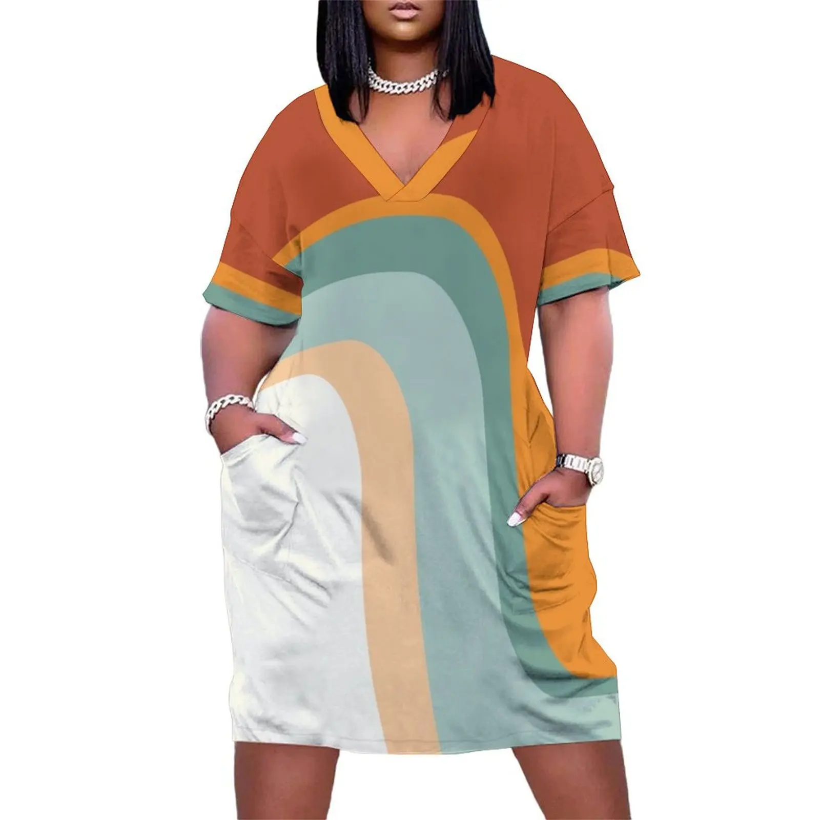 

Mid-Century Modern Rainbow Rust Orange Sage Mint Boho Loose Pocket Dress dresses for special events luxury woman party dress