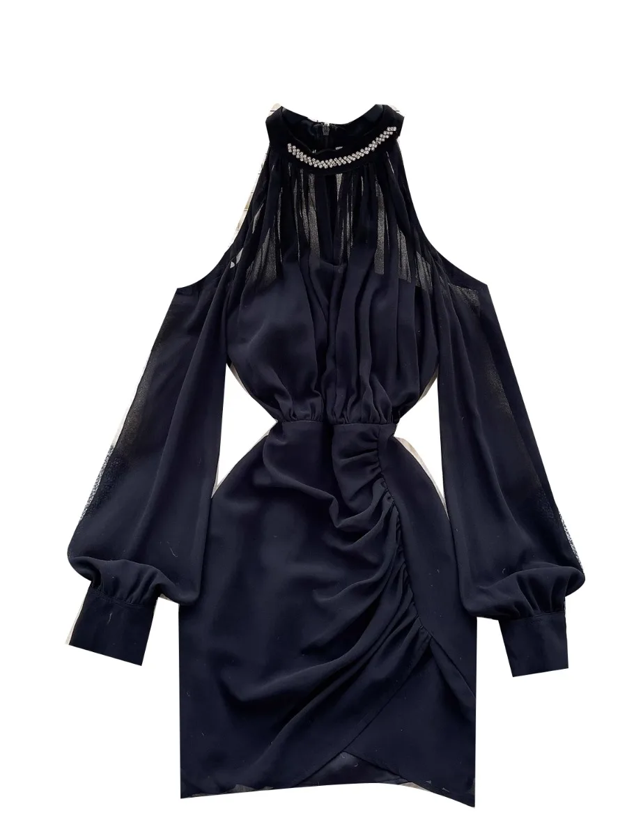 Foamlina Diamond-Encrusted Neck Off-Shoulder Chiffon Dress Female Elegant Celebrity Long Sleeve Pleated Split Bodycon Dresses