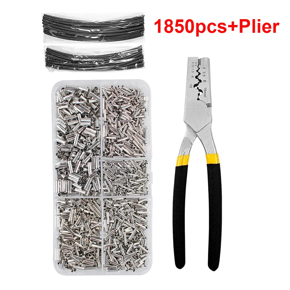 1850 Copper Tube Terminal Cable Lug Bootlace Ferrule Kit with Heat Shrink Tube Crimping Plier Copper Connecting Pipe Wire Joint