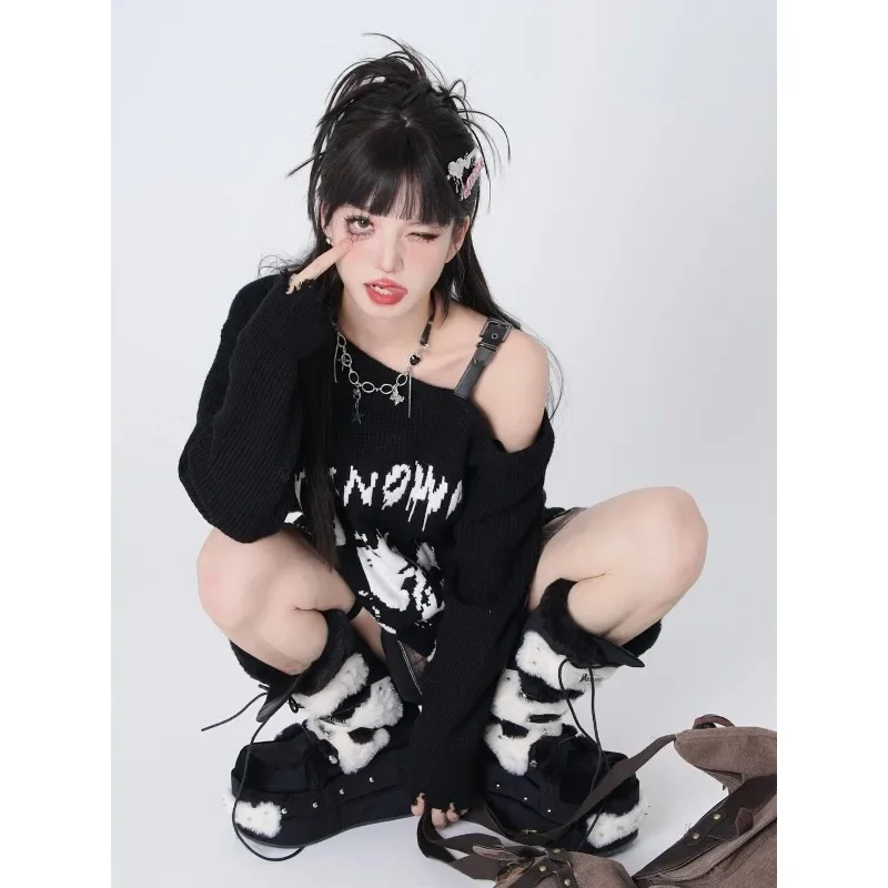 Deeptown Y2k Black Women Sweater Anime Off Shoulder Harajuku Japanese Fashion Knitted Pullovers Gothic Gyaru Loose Jumper Autumn