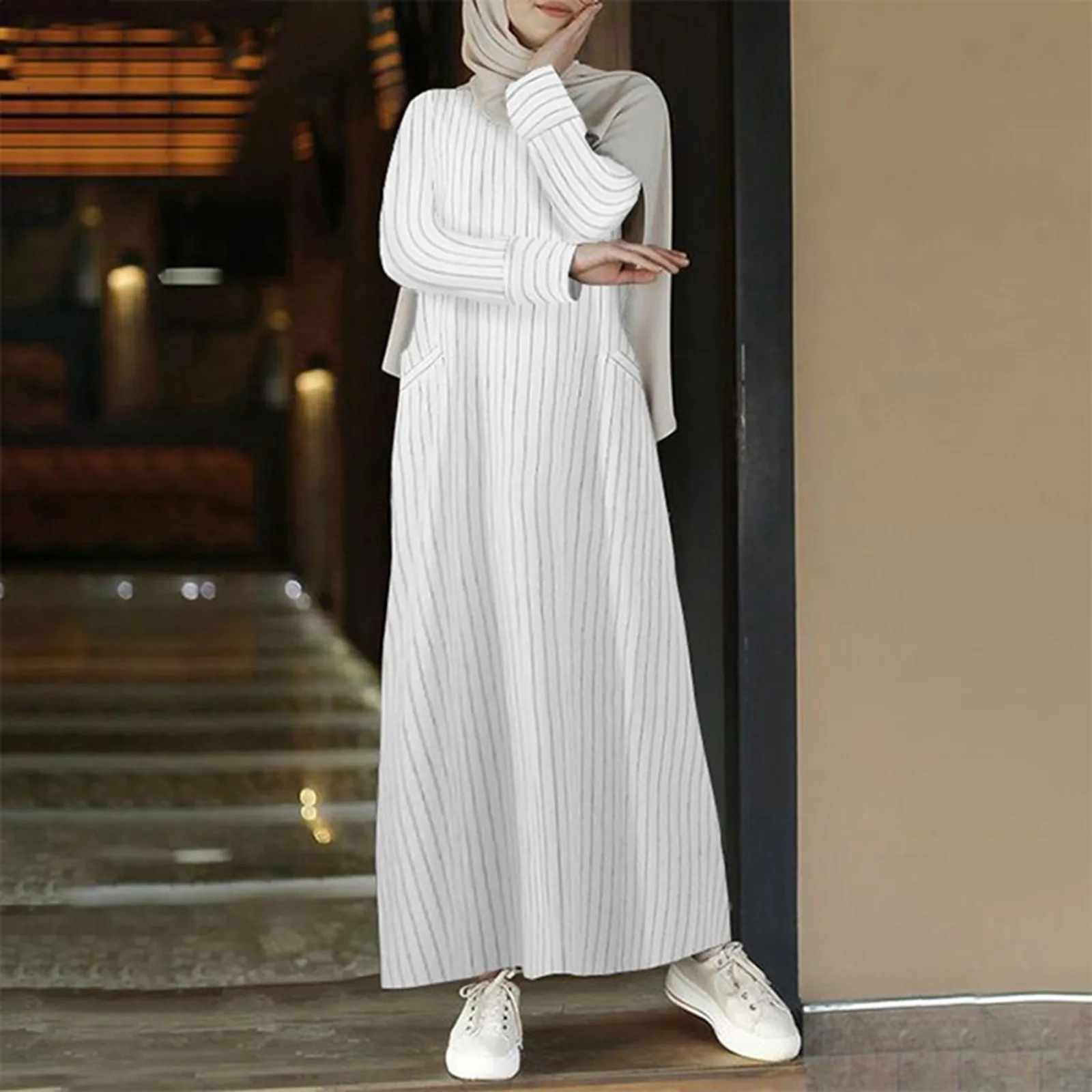 Female Muslim Long-sleeved Robe Cotton and Linen Striped Round Tie Pocket Casual Loose Streetwear Long Robe Oversize Clothes