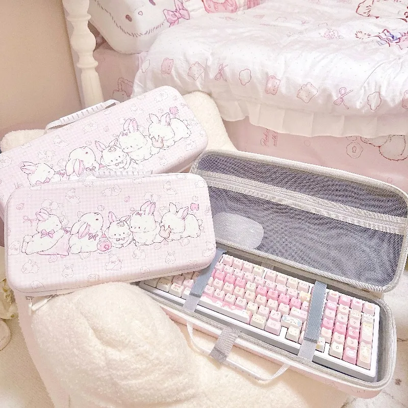 Pink Rabbit Cat Keyboard Bag Customized PU EVA Dustproof Keyboard Storage Bag for Gaming Office Mechanical Keyboard Accessories