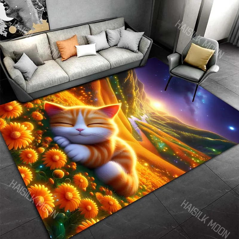 Orange cat in a sea of flowers under the starry sky Carpet for Living Room Bedroom Sofa Home Decor Rus Non-slip Floor Mat