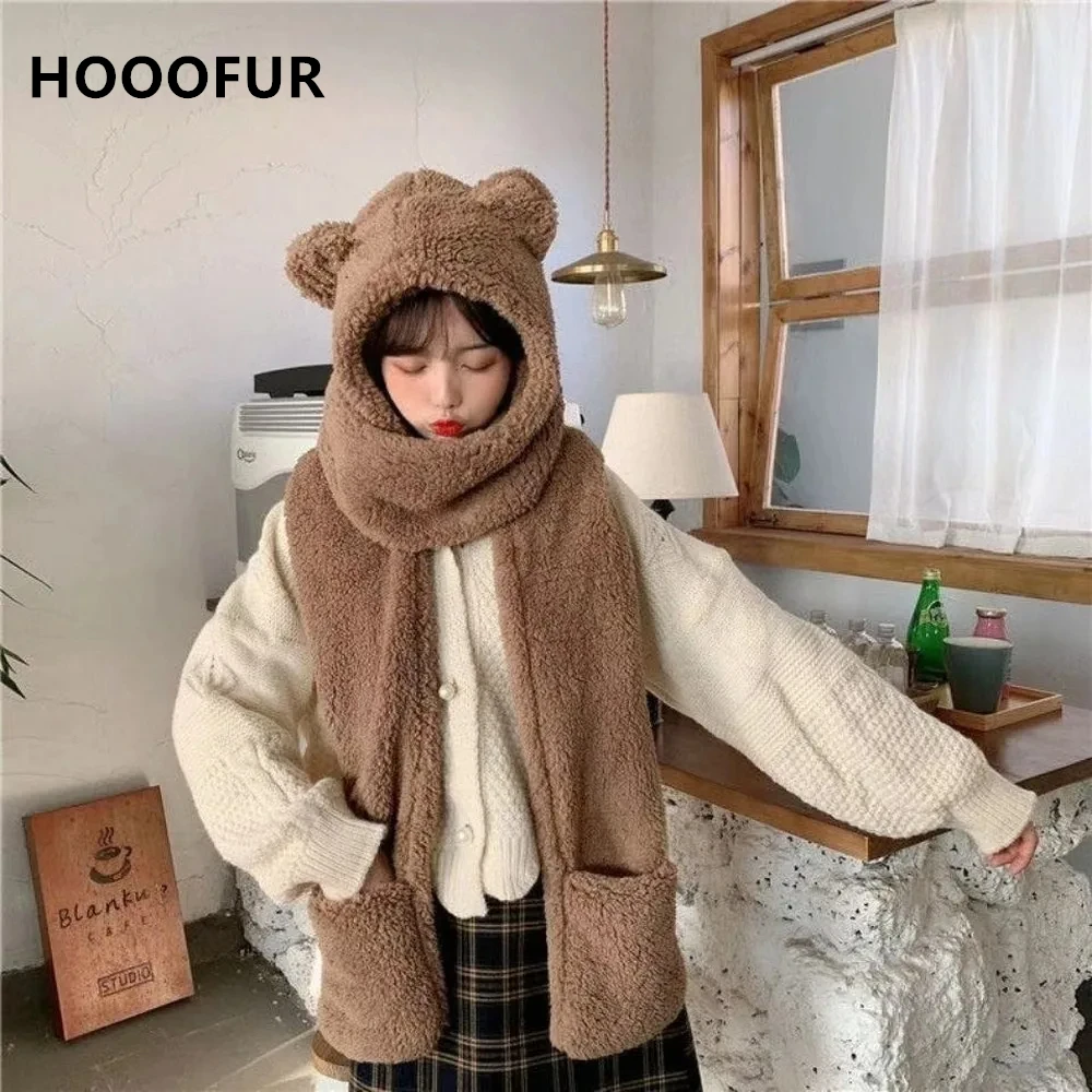 

Cute bear ears hat Scarf glove set Girl novelty hat Warm casual plush hat Wool girl cute accessory