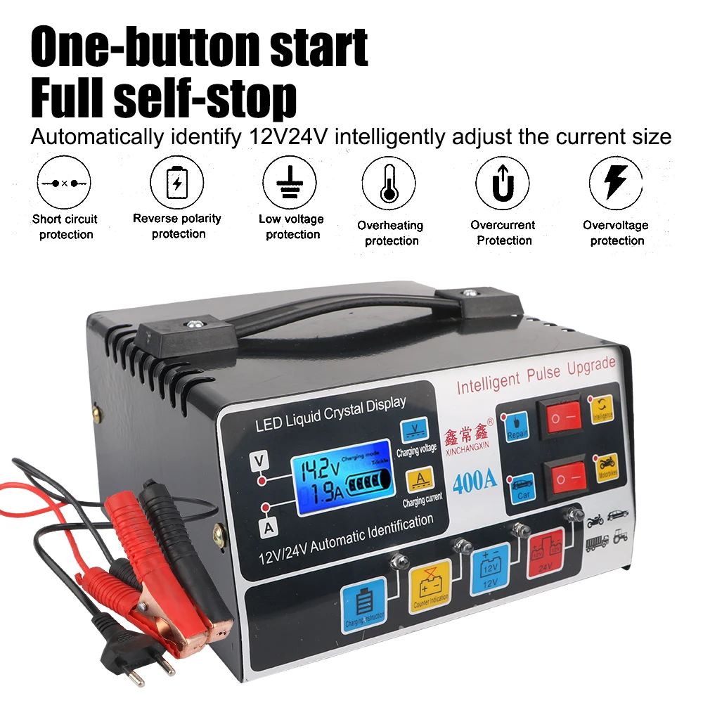 EU Plug 24V 12V Auto Battery Charger 220W High Power Automatic Pulse Repair Tools Display For Truck Boat Trailer Car Accessories