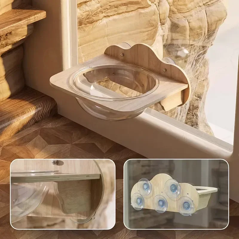 Solid Wood Cat Hammock with Glass Window Suction Cup Jumping Climbing Frame Balcony Hanging Shelf Space Capsule Cat Nest