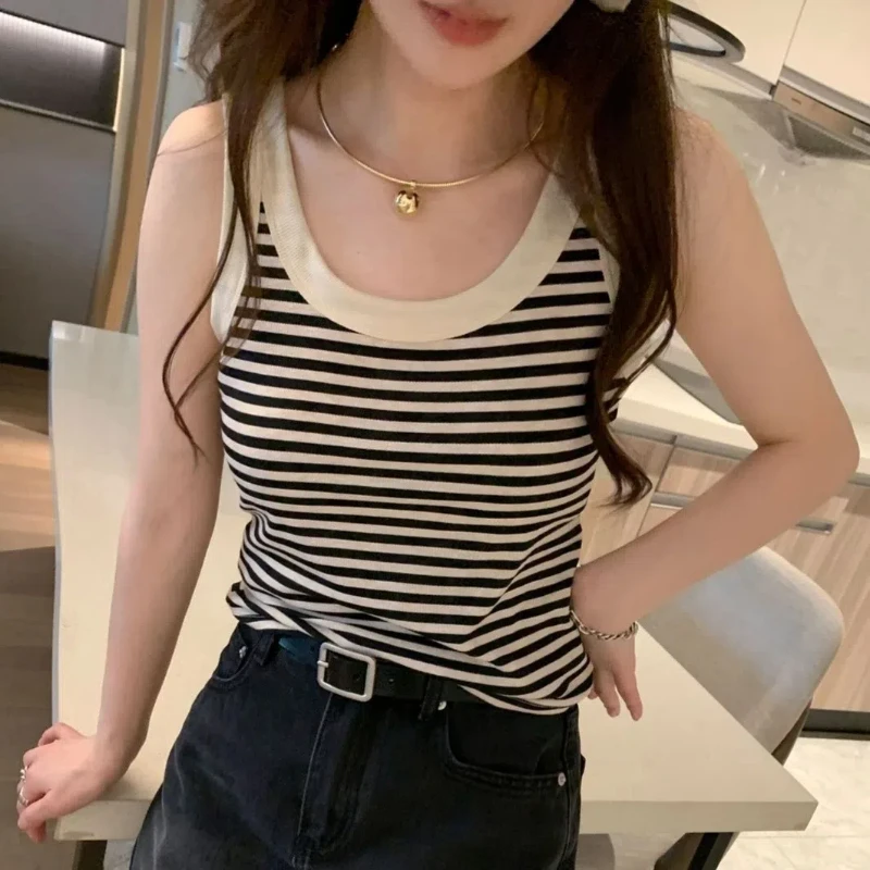 Summer New Korean Striped Tank Tops Off Shoulder Sleeveless Slim Contrast All-match Trend T Shirts Sweet Fashion Women Clothing