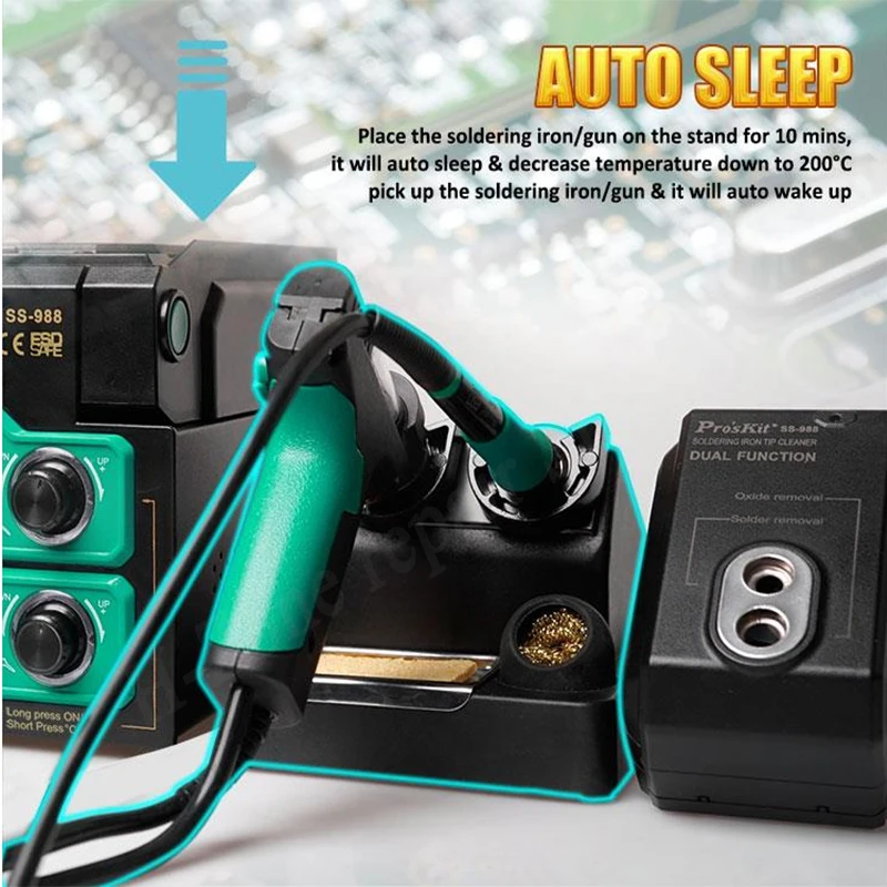 6in1 Pro'sKit SS-988H ESD LCD digital electric desoldering pump BGA soldering iron suction gun desoldering group automatic sleep