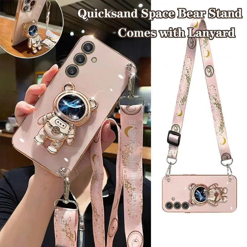 A55 Confident Astronaut Holder Lanyard Plating Phone Case For Samsung A55 Shatterproof Protection Galaxy A55 Soft Back Cover