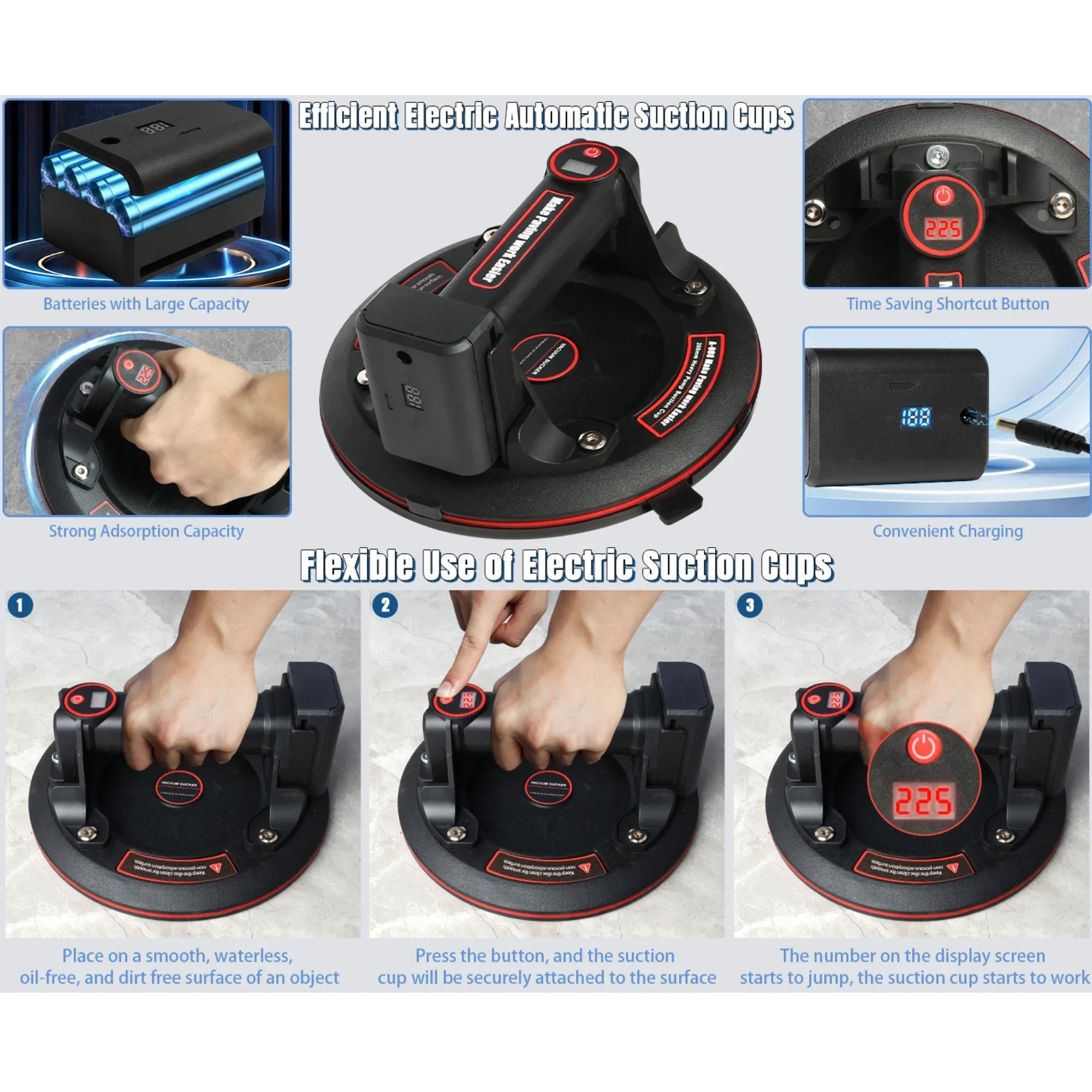 Ventosas de vidro motorizadas, ventosas de bateria removíveis a vácuo de 8 polegadas, convenientes e práticas, manuseio