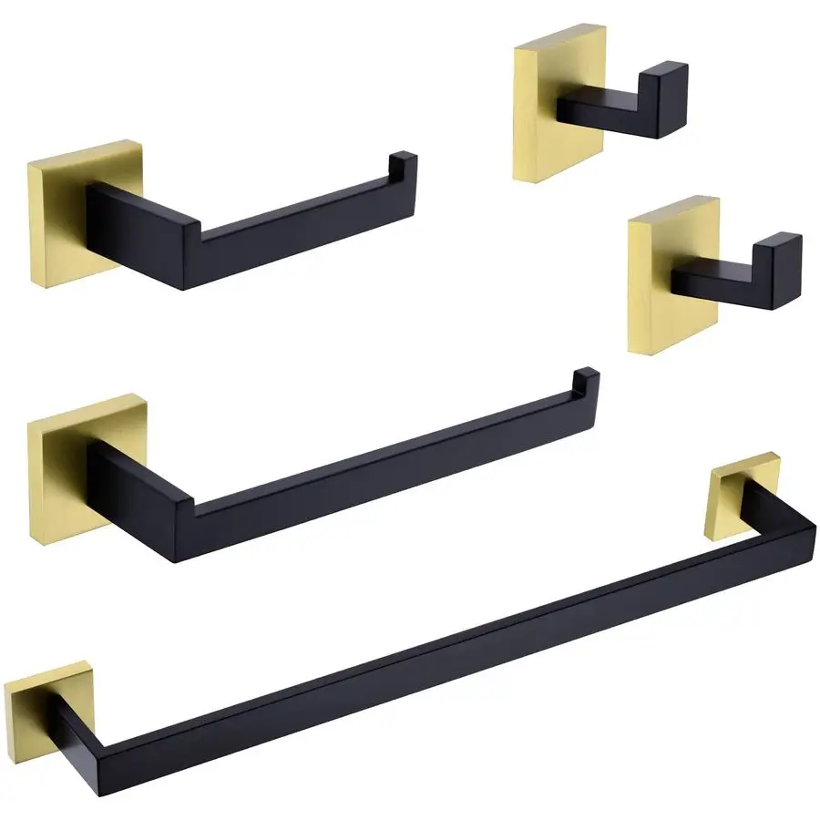 

Contemporary 5Pieces Bathroom Hardware Set Stainless Steel Towel Bar Accessories Wall Mounted, Matte Black and Brushed Gold